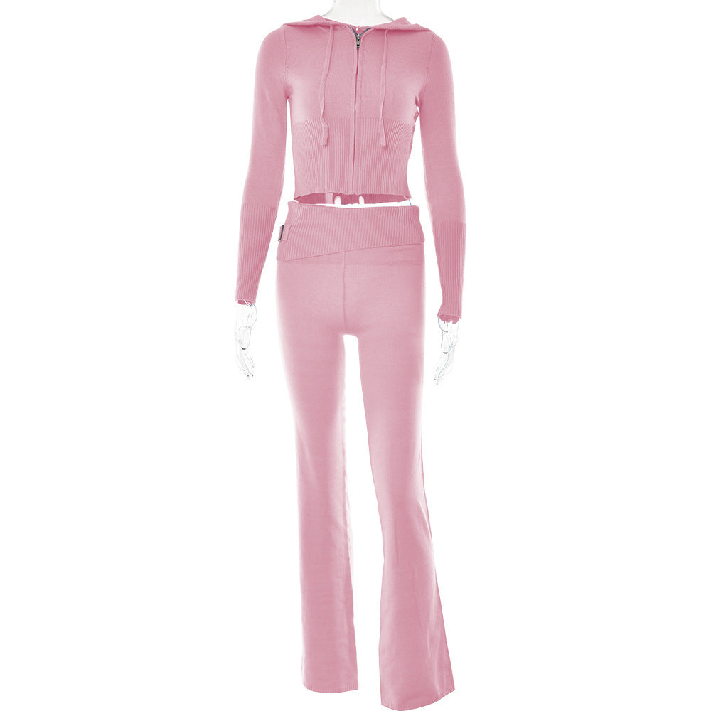 Reißverschluss Hoodie Hochtaillierte Lange Hose 2-Teiliges Set