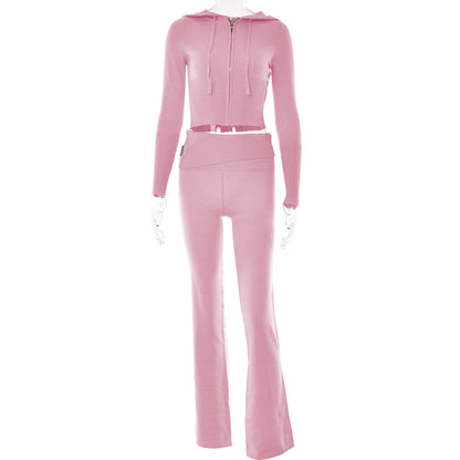 Reißverschluss Hoodie Hochtaillierte Lange Hose 2-Teiliges Set