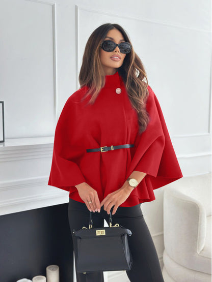 Stand-up collar, batwing sleeves, cape top, belt, fashionable, spirited jacket