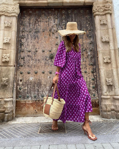 Vintage Print Boho Stil Elegant V-Ausschnitt Kleid