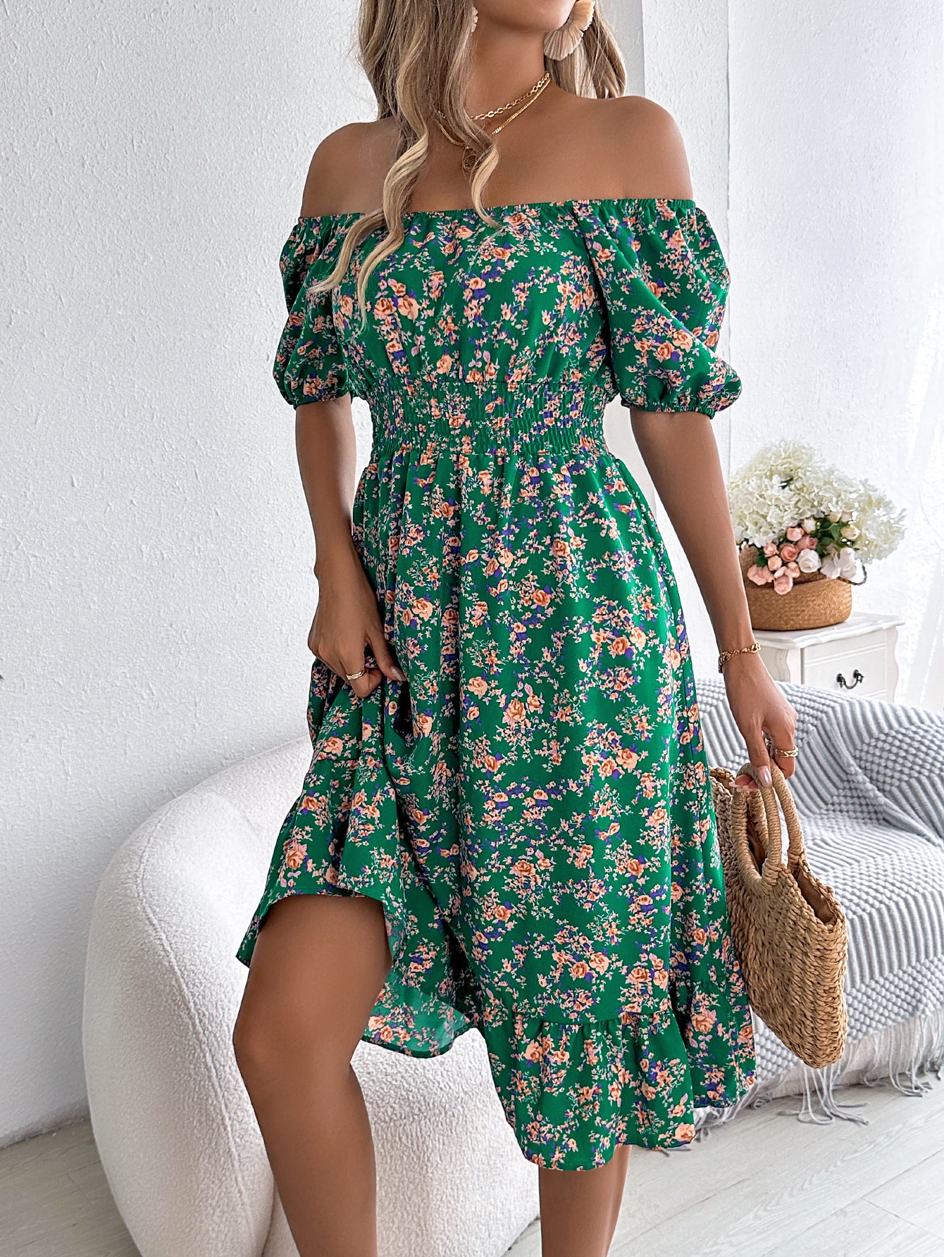 Floral pattern square collar ruffled dress