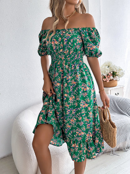 Floral pattern square collar ruffled dress