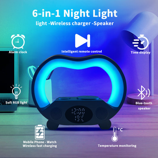 New 6-in-1 smart remote control, Bluetooth compatible, ambient LED table lamp, multifunctional wireless charger, night light, Bluetooth compatible speaker