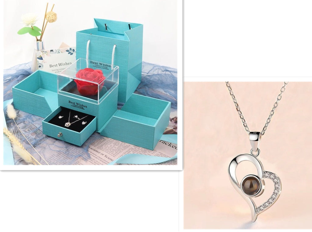 Geschenkbox Metallrose Halskette Schmuckset