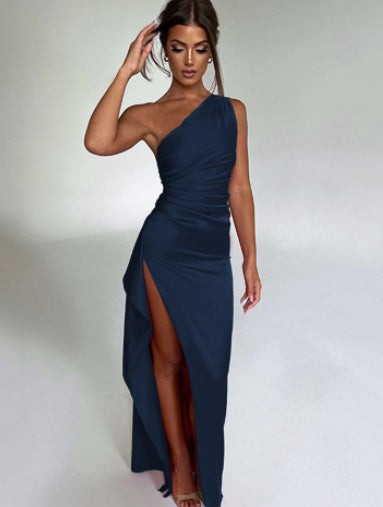 Sexy, off-the-shoulder, backless summer dress with a slit – elegant, figure-hugging, solid color, made of satin for women