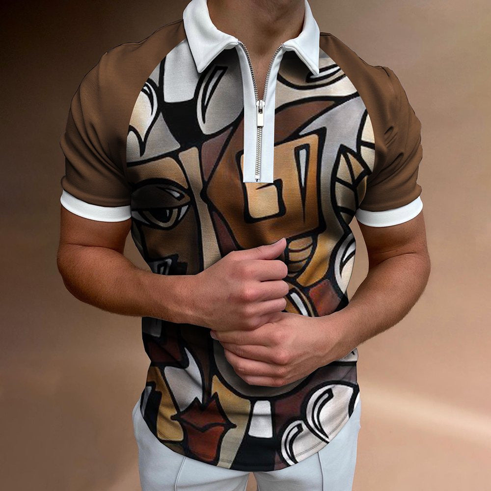 Gestreiftes, bedrucktes Kurzarm-Revers-Poloshirt