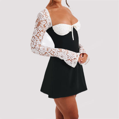 Y2K Lace Dress Long Sleeves Fashionable Sexy Backless Lace-up Short