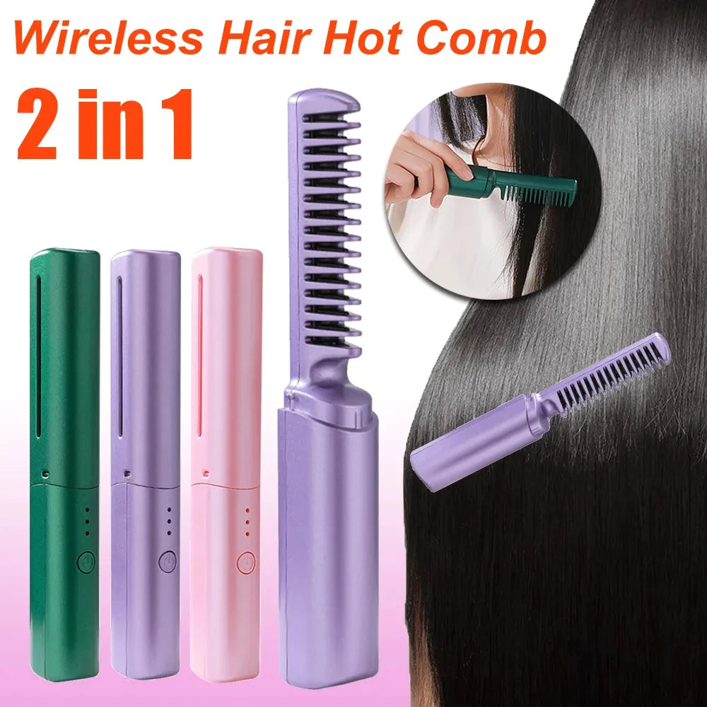 Professional cordless hair straightener and curling iron with rapid heating function, negative ion technology, straightening and curling brush, hair styling tool