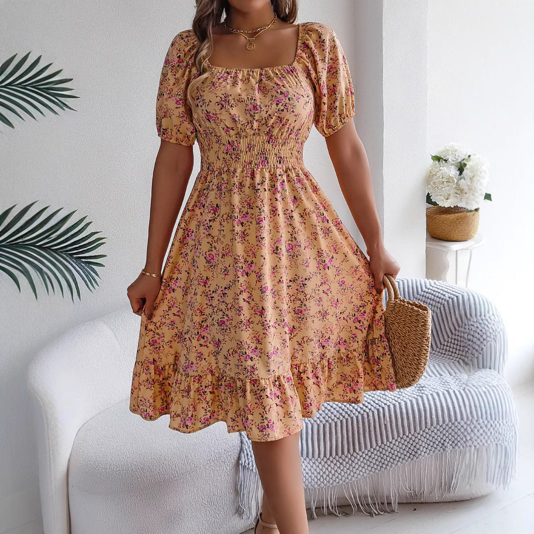 Floral pattern square collar ruffled dress