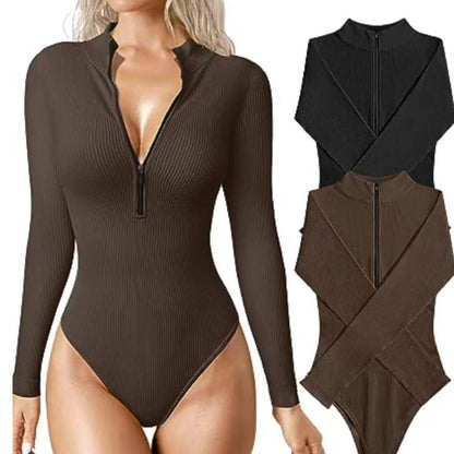 Fashionable bodysuit with long sleeves, zipper, seamless, figure-shaping, figure-flattering