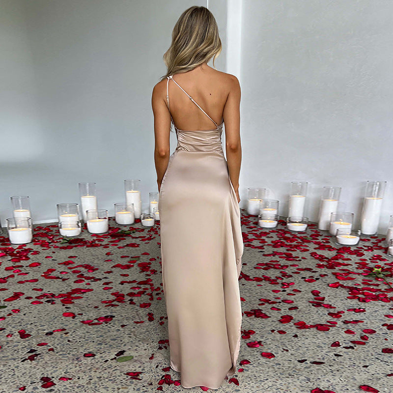 Sexy, off-the-shoulder, backless summer dress with a slit – elegant, figure-hugging, solid color, made of satin for women