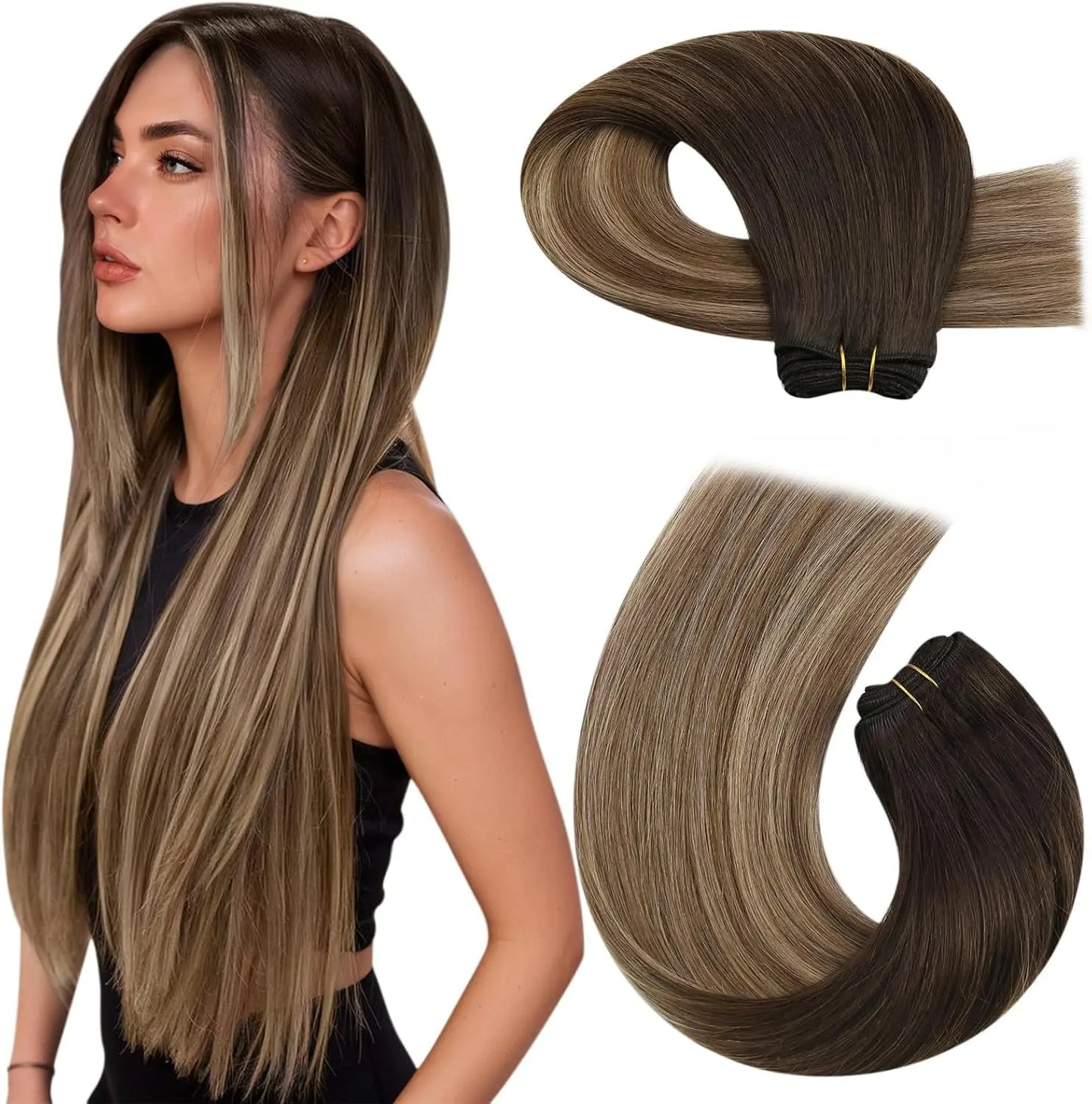 Moresoo Human Hair Bundles Weave in Double Wefted Machine Remy Hair Balayage Hair Pieces for Women Straight Weft Hair Extension