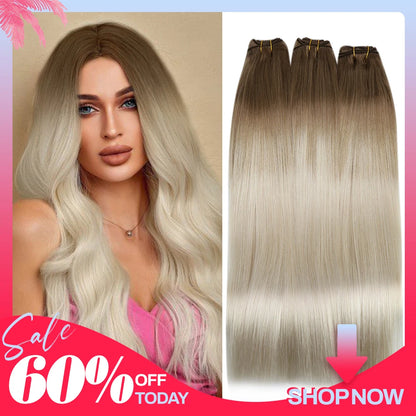 Moresoo Human Hair Bundles Weave in Double Wefted Machine Remy Hair Balayage Hair Pieces for Women Straight Weft Hair Extension