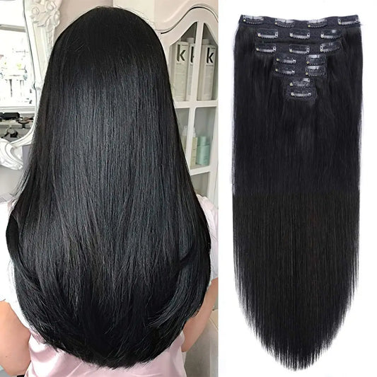 Glattes Echthaar zum Einclippen, 100 % unbehandeltes brasilianisches Virgin Hair, für den ganzen Kopf, natürliche schwarze Farbe, 8 Teile mit 120 g