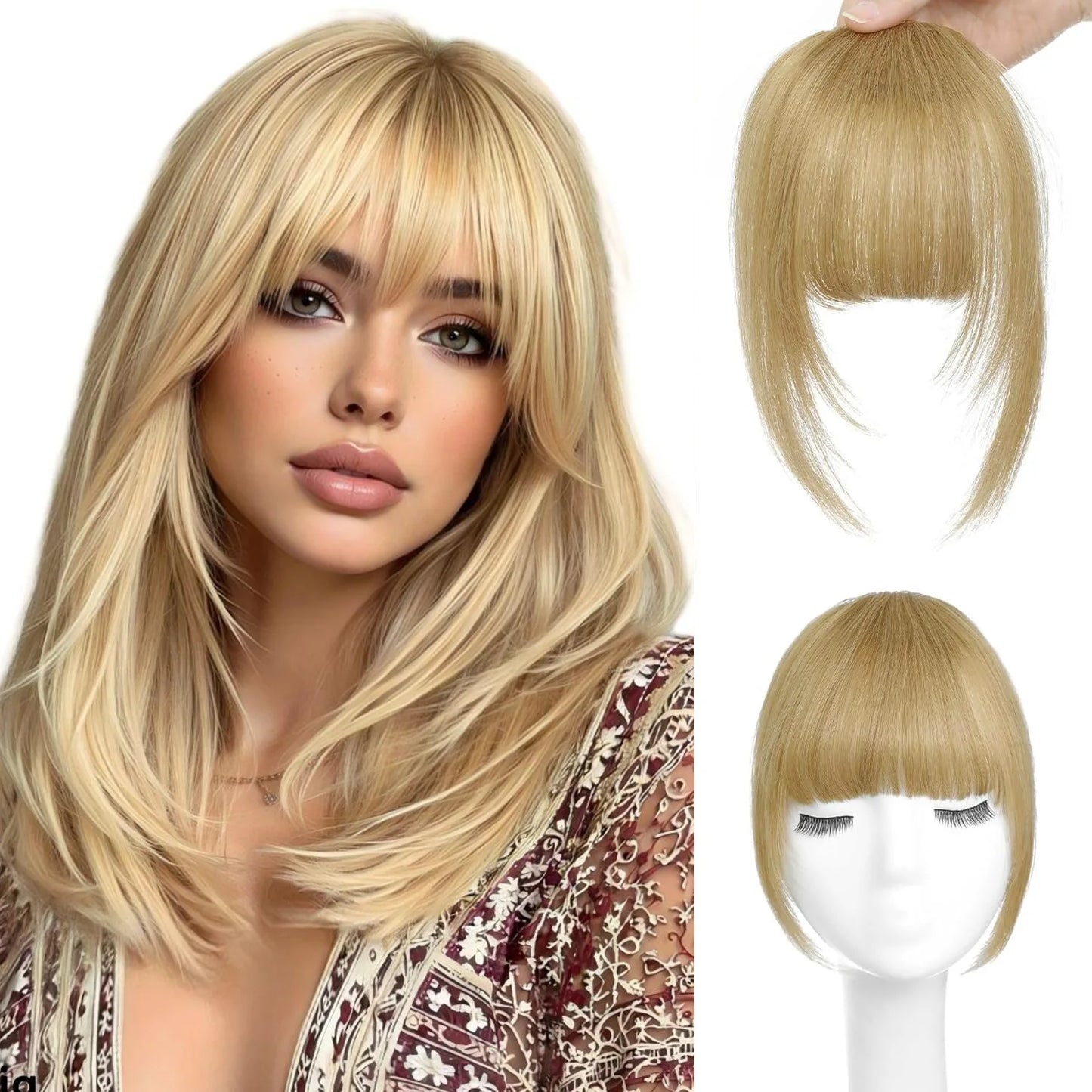 Human Hair Wispy French Bangs with Temples,Curved Fringe Hair Accessories,Clip in Air Bangs,Kawaii Hairpieces Quick Hair Change