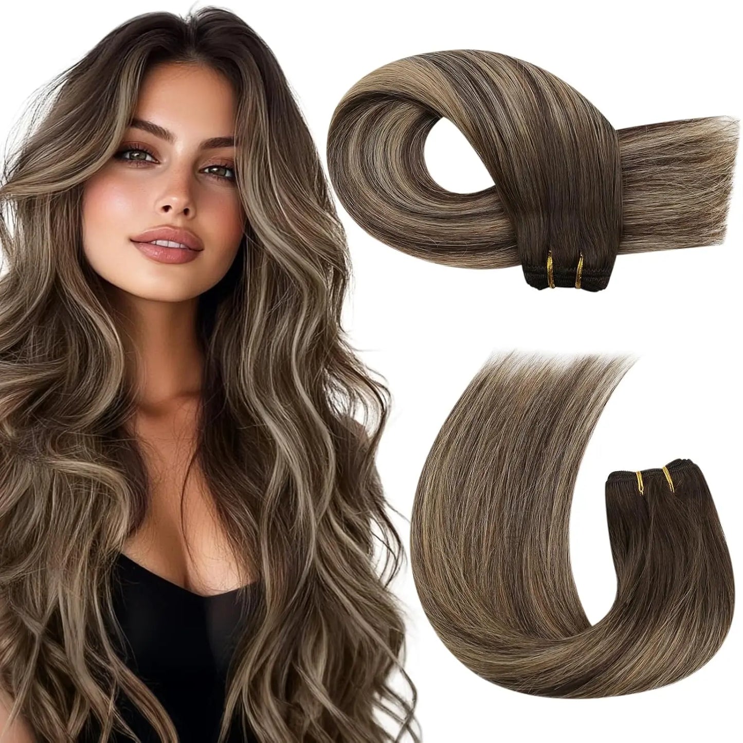 Moresoo Human Hair Bundles Weave in Double Wefted Machine Remy Hair Balayage Hair Pieces for Women Straight Weft Hair Extension
