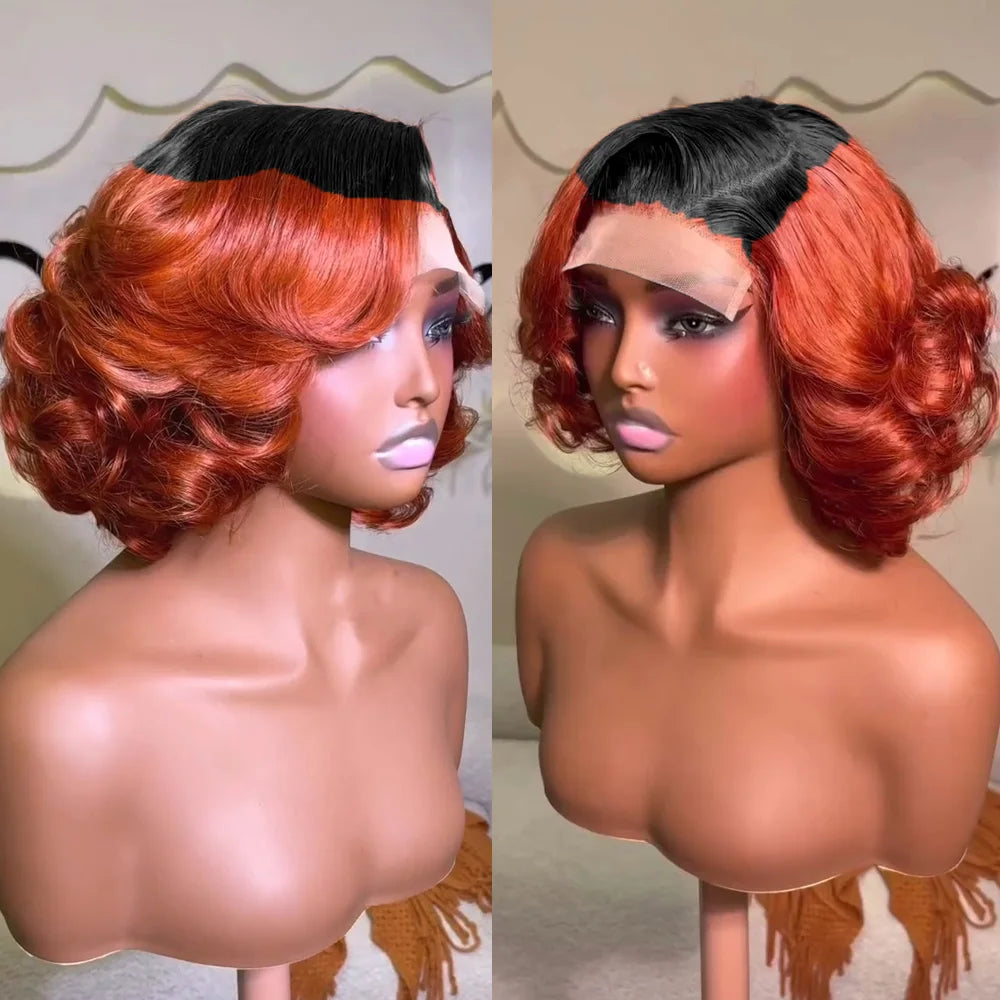 100% Raw Indian Virgin Hair Bouncy Wave 4x4 HD Lace Closure Wigs High Density 12" Wear and Go Ombre Bouncy Curly Glueless Wigs