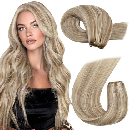Moresoo Human Hair Bundles Weave in Double Wefted Machine Remy Hair Balayage Hair Pieces for Women Straight Weft Hair Extension