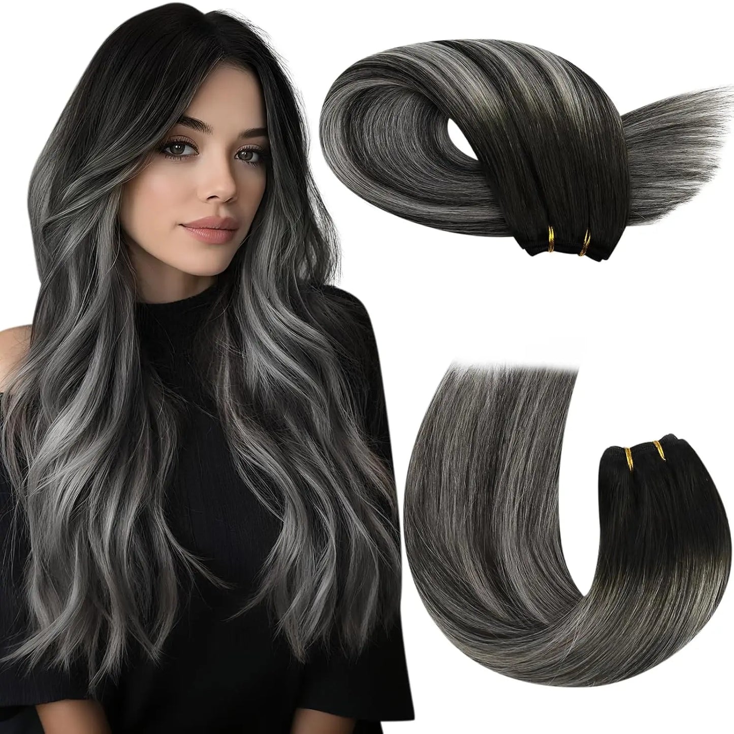 Moresoo Human Hair Bundles Weave in Double Wefted Machine Remy Hair Balayage Hair Pieces for Women Straight Weft Hair Extension