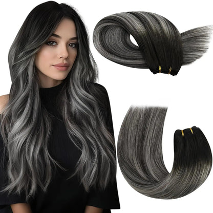 Moresoo Human Hair Bundles Weave in Double Wefted Machine Remy Hair Balayage Hair Pieces for Women Straight Weft Hair Extension