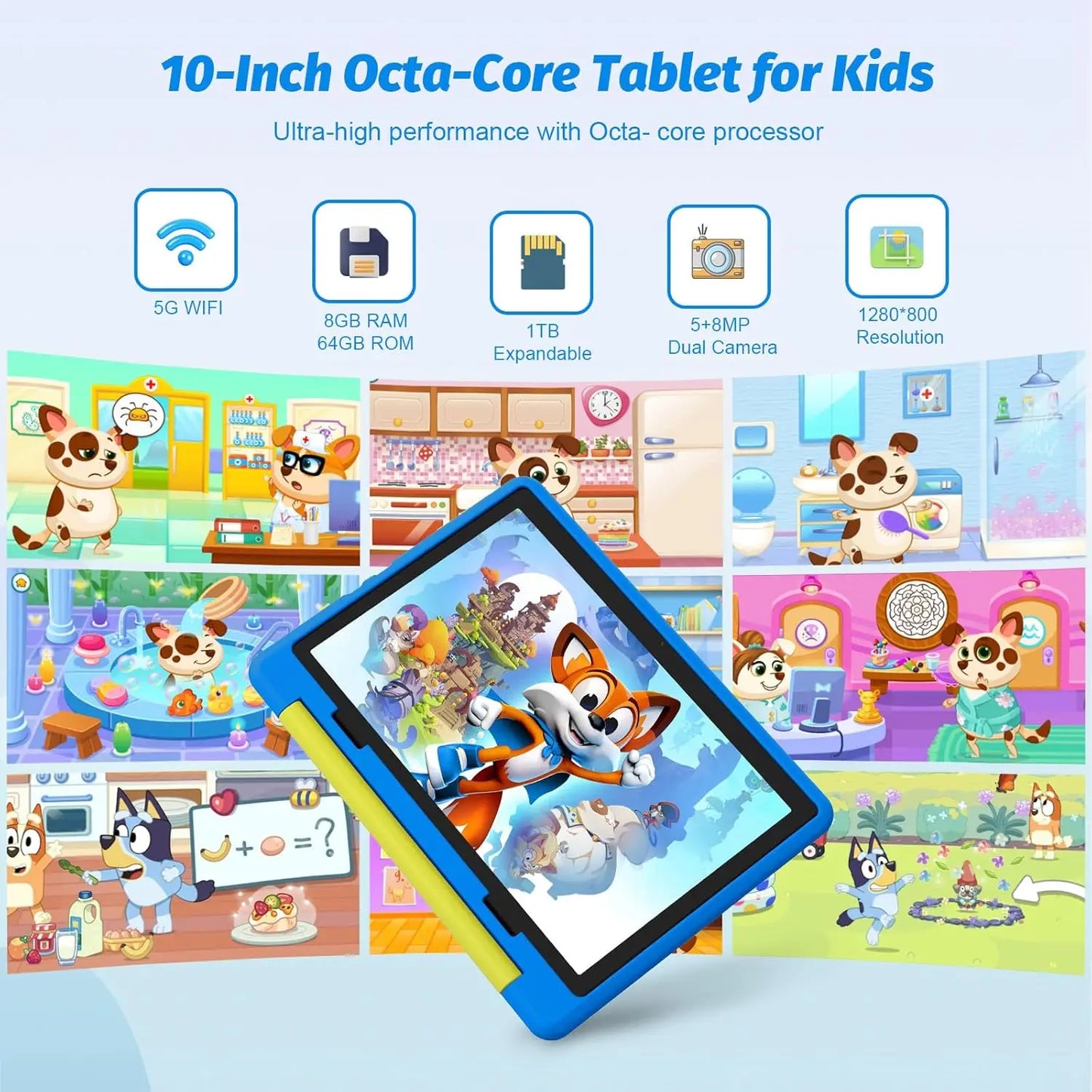 AEEZO10 Inch Kids Tablet Android 14 Octa-Core 8GB RAM+64 GB ROM Parental Control with Kid Protective Case Great Gift for Toddler