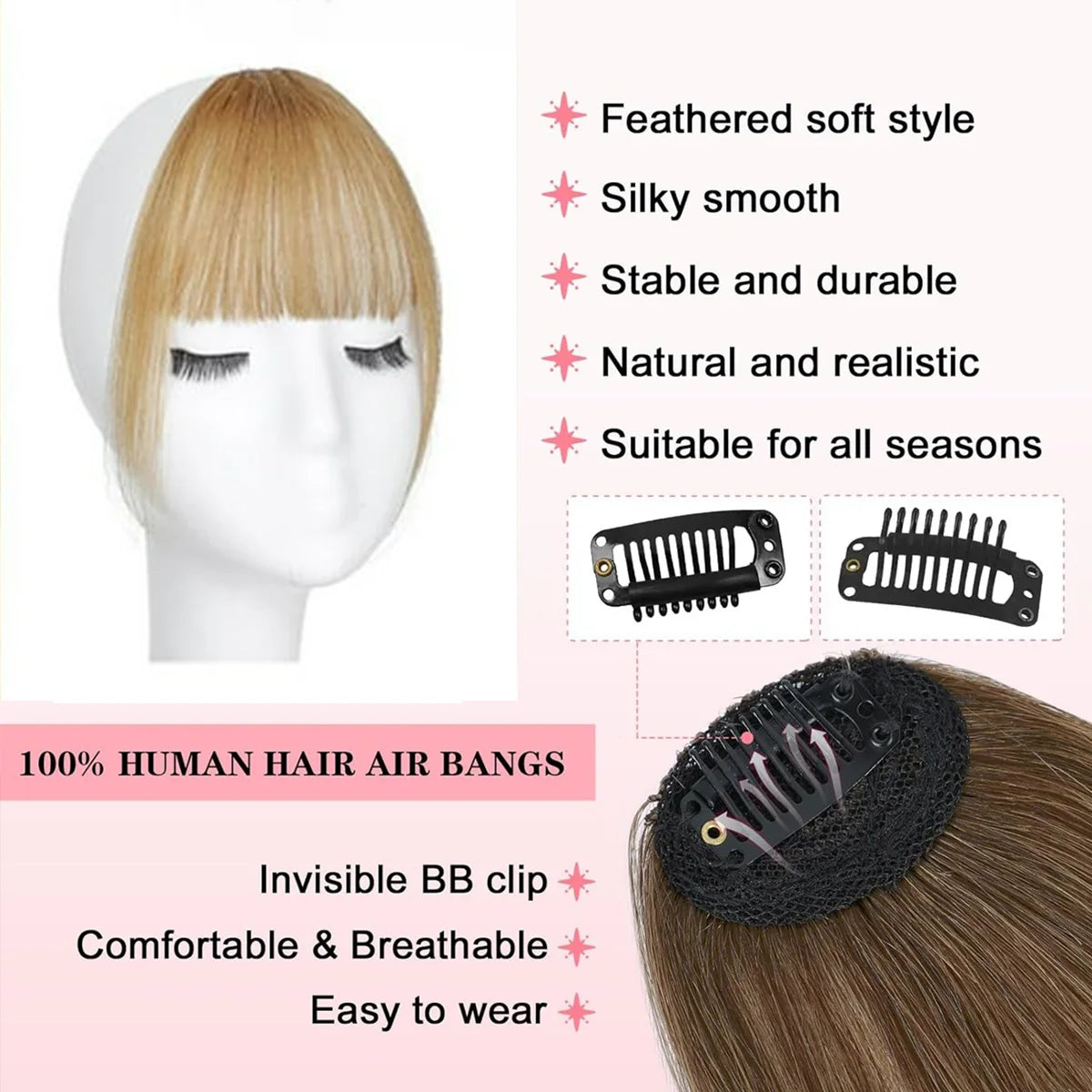 Human Hair Wispy French Bangs with Temples,Curved Fringe Hair Accessories,Clip in Air Bangs,Kawaii Hairpieces Quick Hair Change