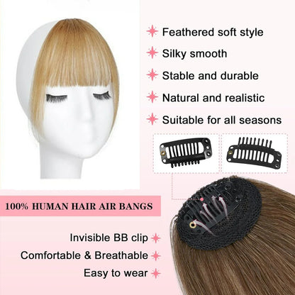 Human Hair Wispy French Bangs with Temples,Curved Fringe Hair Accessories,Clip in Air Bangs,Kawaii Hairpieces Quick Hair Change