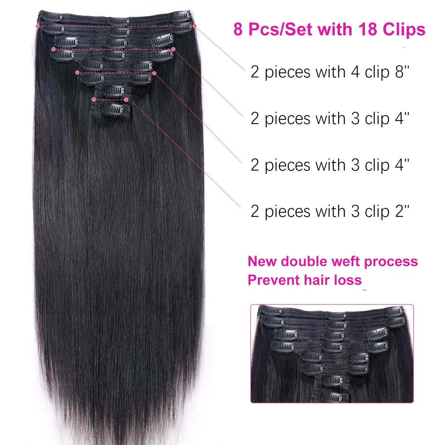 Clip In Hair Extensions Real Human Hair color #4 Chocolate Brown Clip In Hair Extensions 8pcs Hair Natural Black Color 26 Inches