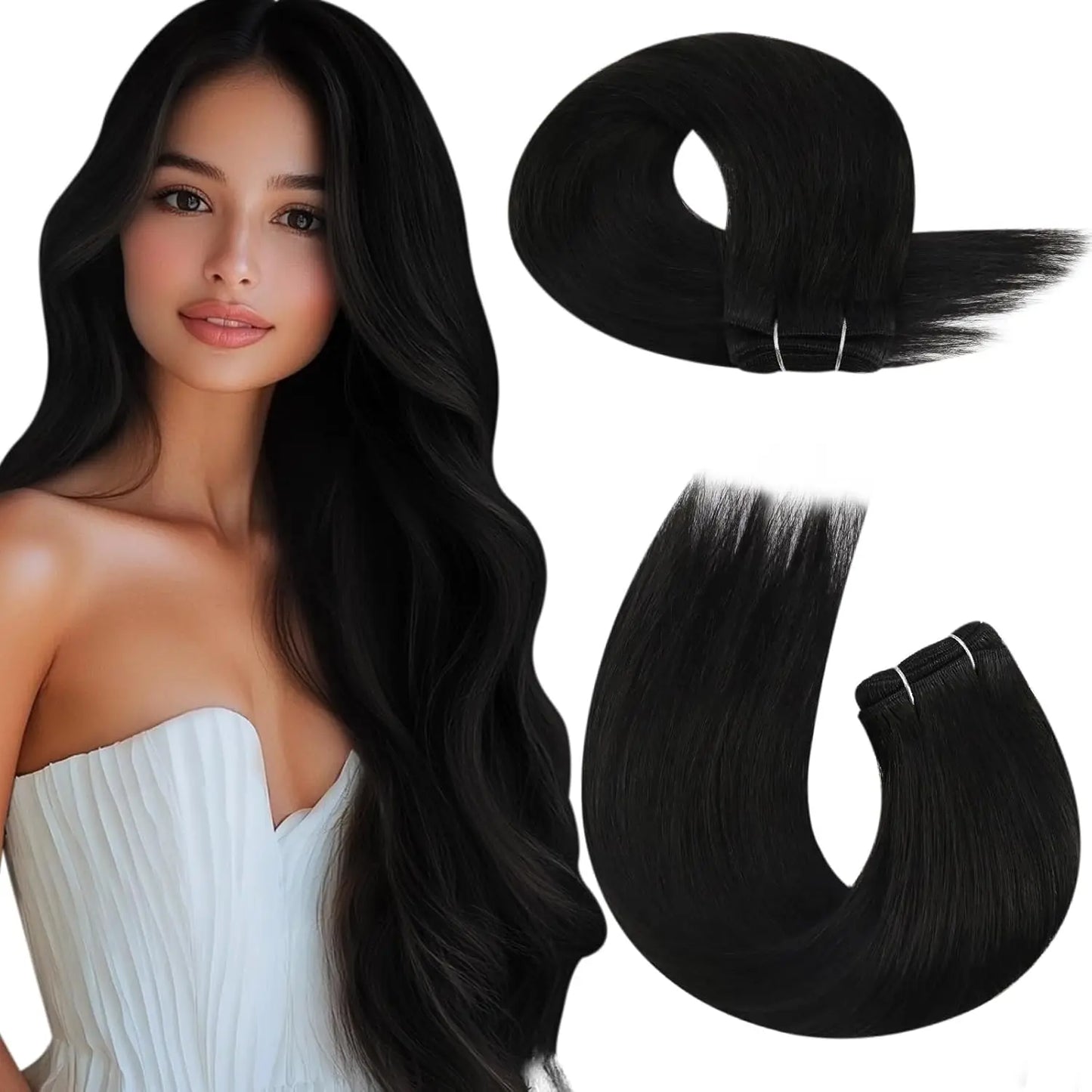 Moresoo Human Hair Bundles Weave in Double Wefted Machine Remy Hair Balayage Hair Pieces for Women Straight Weft Hair Extension