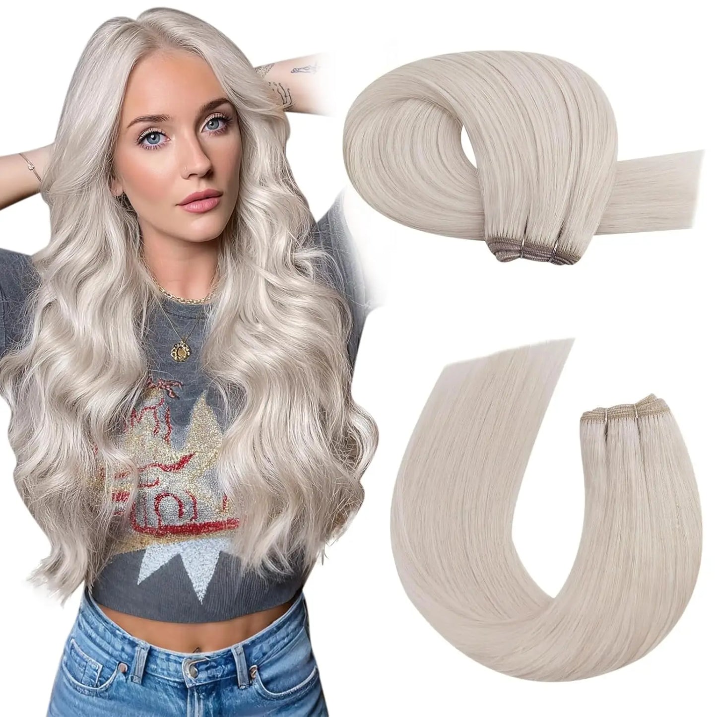 Moresoo Human Hair Bundles Weave in Double Wefted Machine Remy Hair Balayage Hair Pieces for Women Straight Weft Hair Extension