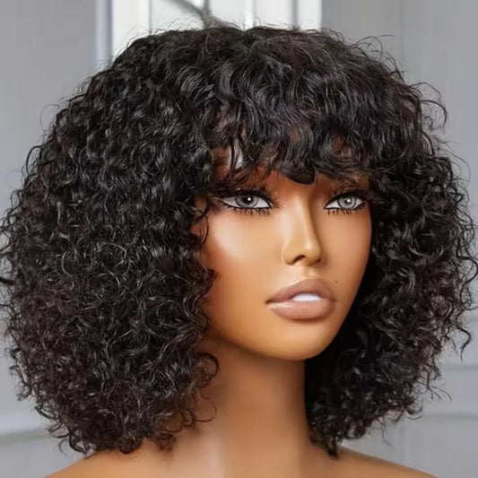 Jerry Curly Kurze Pixie Bob Echthaar-Perücken mit Pony für Frauen zum Tragen Peruvian Highlight Honey Water Wave Perücken