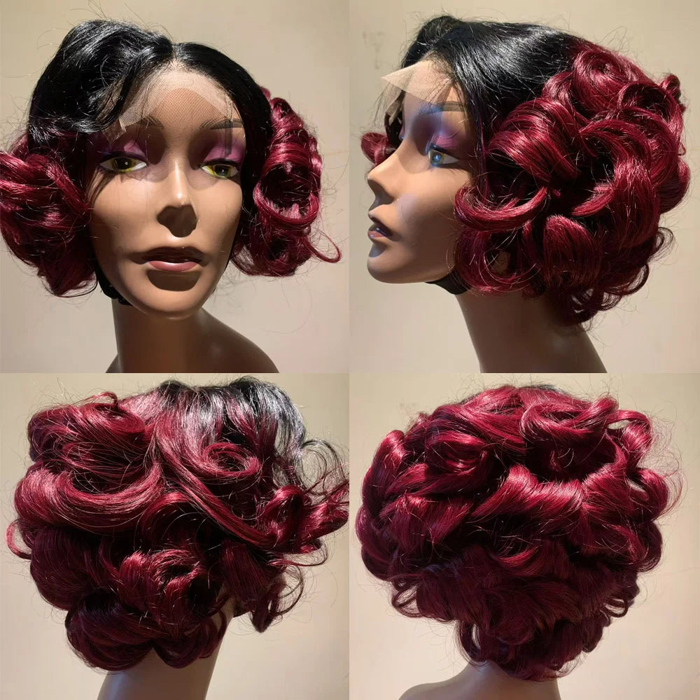100% Raw Indian Virgin Hair Bouncy Wave 4x4 HD Lace Closure Wigs High Density 12" Wear and Go Ombre Bouncy Curly Glueless Wigs
