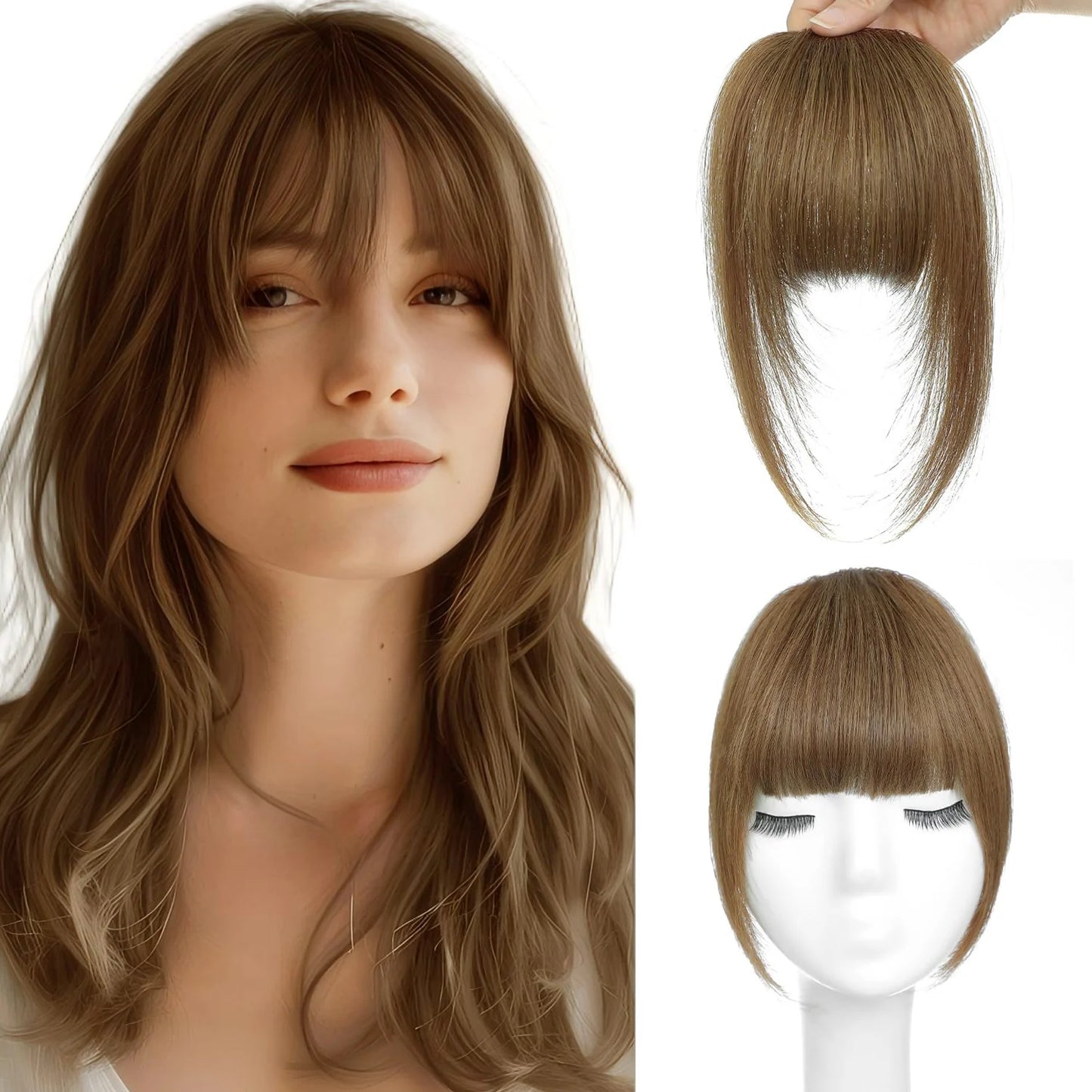 Human Hair Wispy French Bangs with Temples,Curved Fringe Hair Accessories,Clip in Air Bangs,Kawaii Hairpieces Quick Hair Change