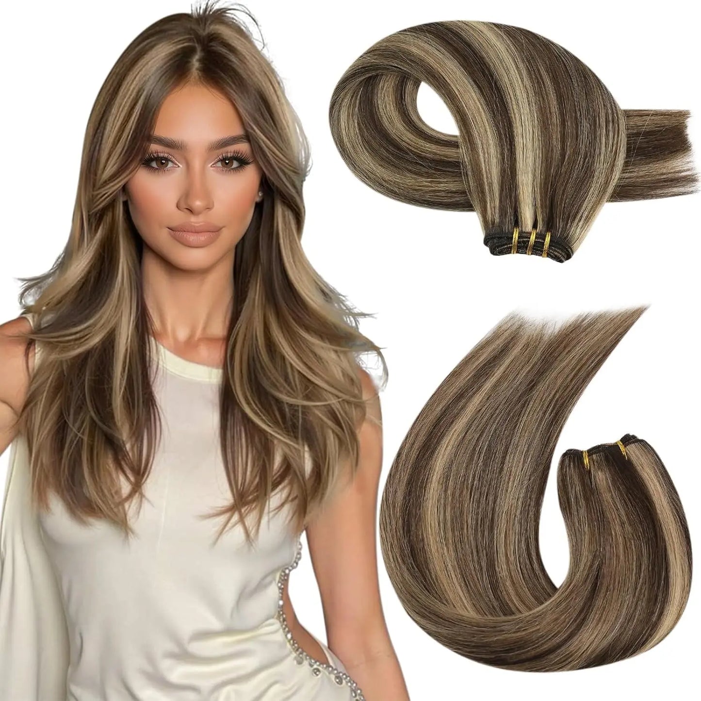 Moresoo Human Hair Bundles Weave in Double Wefted Machine Remy Hair Balayage Hair Pieces for Women Straight Weft Hair Extension