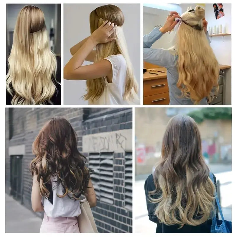 Fish Line 100 Human Hair Extension Piece Hair Blonde Remy Straight Hair Fishing Wire with 3 Clips Invisible Wire Hair Extension