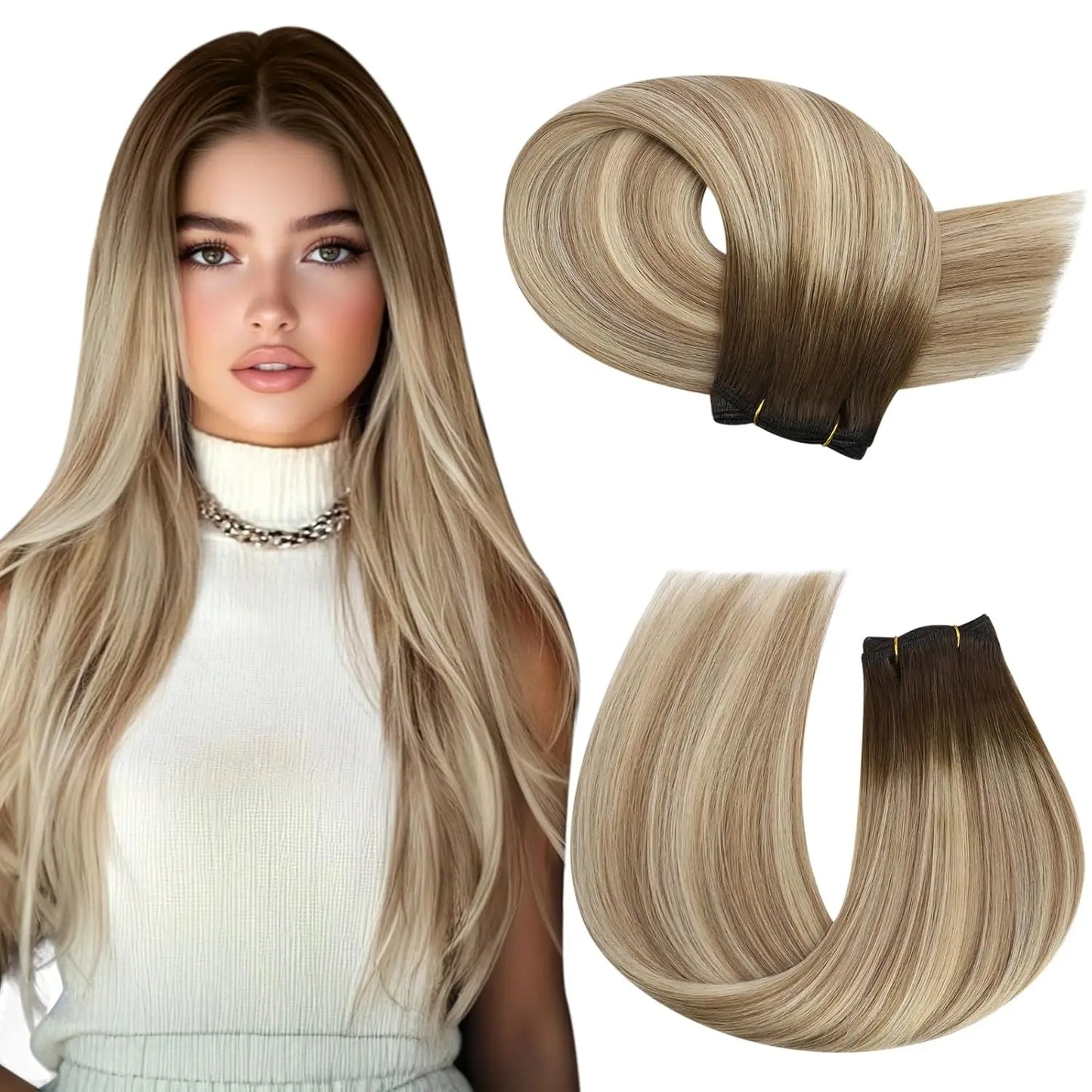 Moresoo Human Hair Bundles Weave in Double Wefted Machine Remy Hair Balayage Hair Pieces for Women Straight Weft Hair Extension