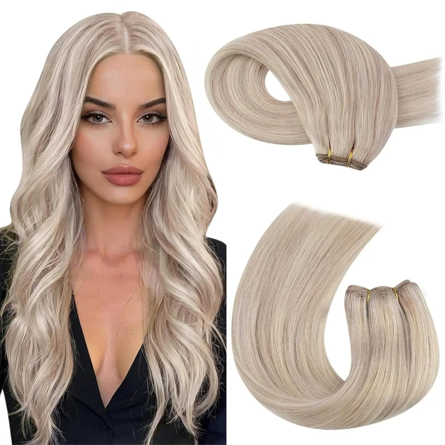 Moresoo Human Hair Bundles Weave in Double Wefted Machine Remy Hair Balayage Hair Pieces for Women Straight Weft Hair Extension
