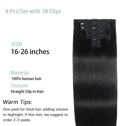 Straight Human Hair Clip in Hair Extensions  100% Unprocessed Full Head Brazilian Virgin Hair Natural Black Color 8Pcs With 120G