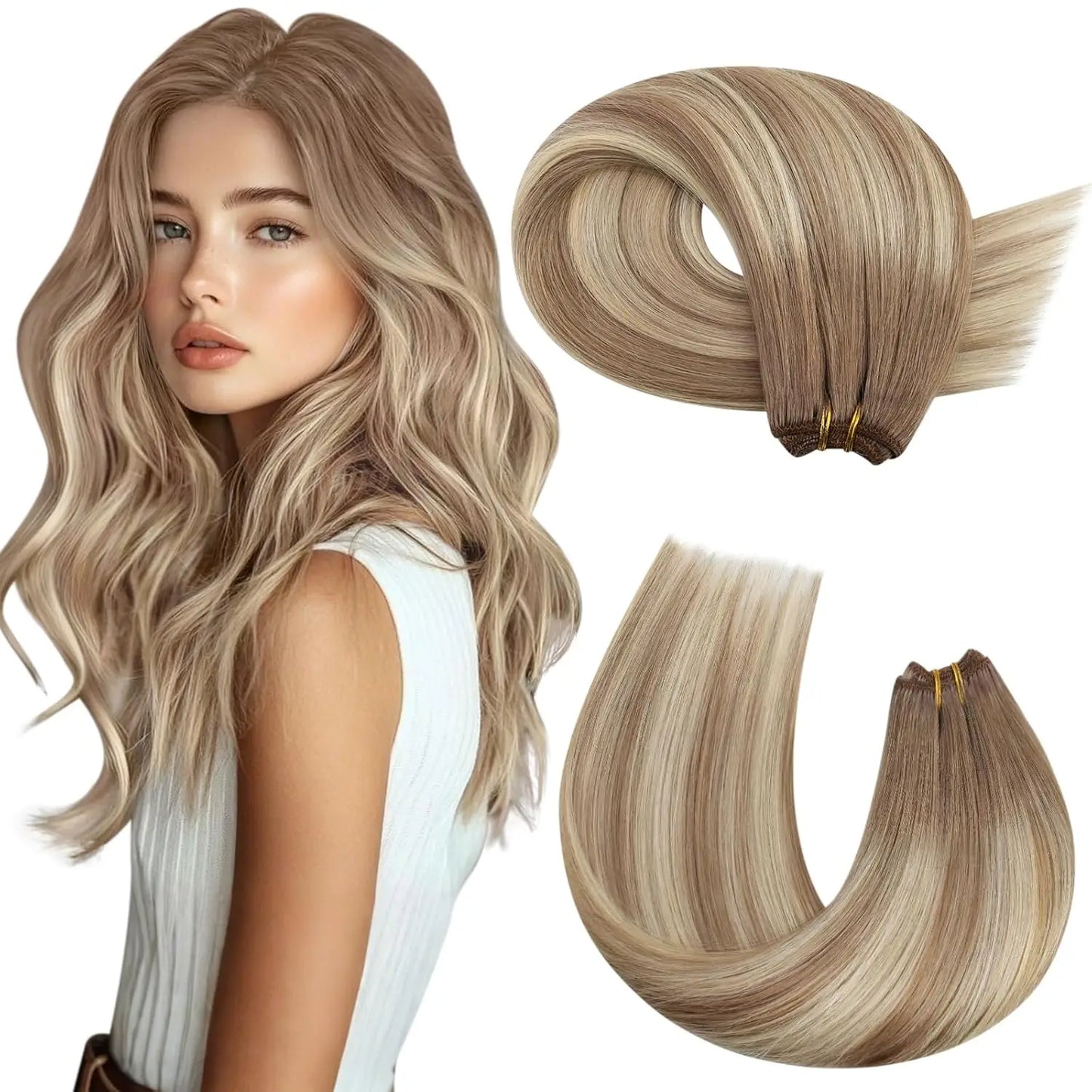 Moresoo Human Hair Bundles Weave in Double Wefted Machine Remy Hair Balayage Hair Pieces for Women Straight Weft Hair Extension