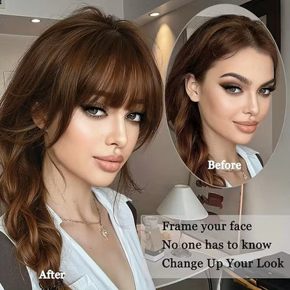 Human Hair Wispy French Bangs with Temples,Curved Fringe Hair Accessories,Clip in Air Bangs,Kawaii Hairpieces Quick Hair Change