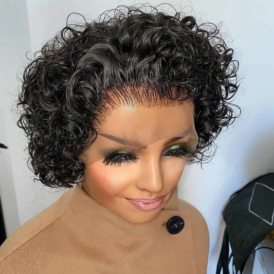 Pixie Cut Perücke farbige Lace-Perücke Frühlingslocke kurze Bob Echthaarperücke für Frauen Natur Schwarz Farbe Echthaar günstige Perücke 13X1