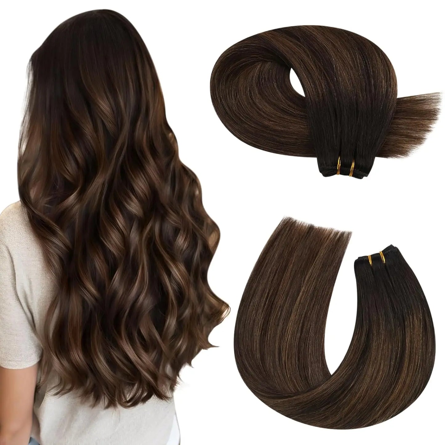 Moresoo Human Hair Bundles Weave in Double Wefted Machine Remy Hair Balayage Hair Pieces for Women Straight Weft Hair Extension