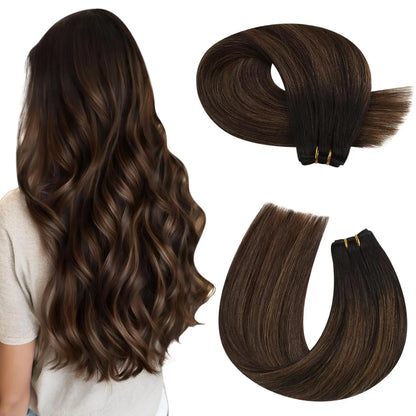 Moresoo Human Hair Bundles Weave in Double Wefted Machine Remy Hair Balayage Hair Pieces for Women Straight Weft Hair Extension