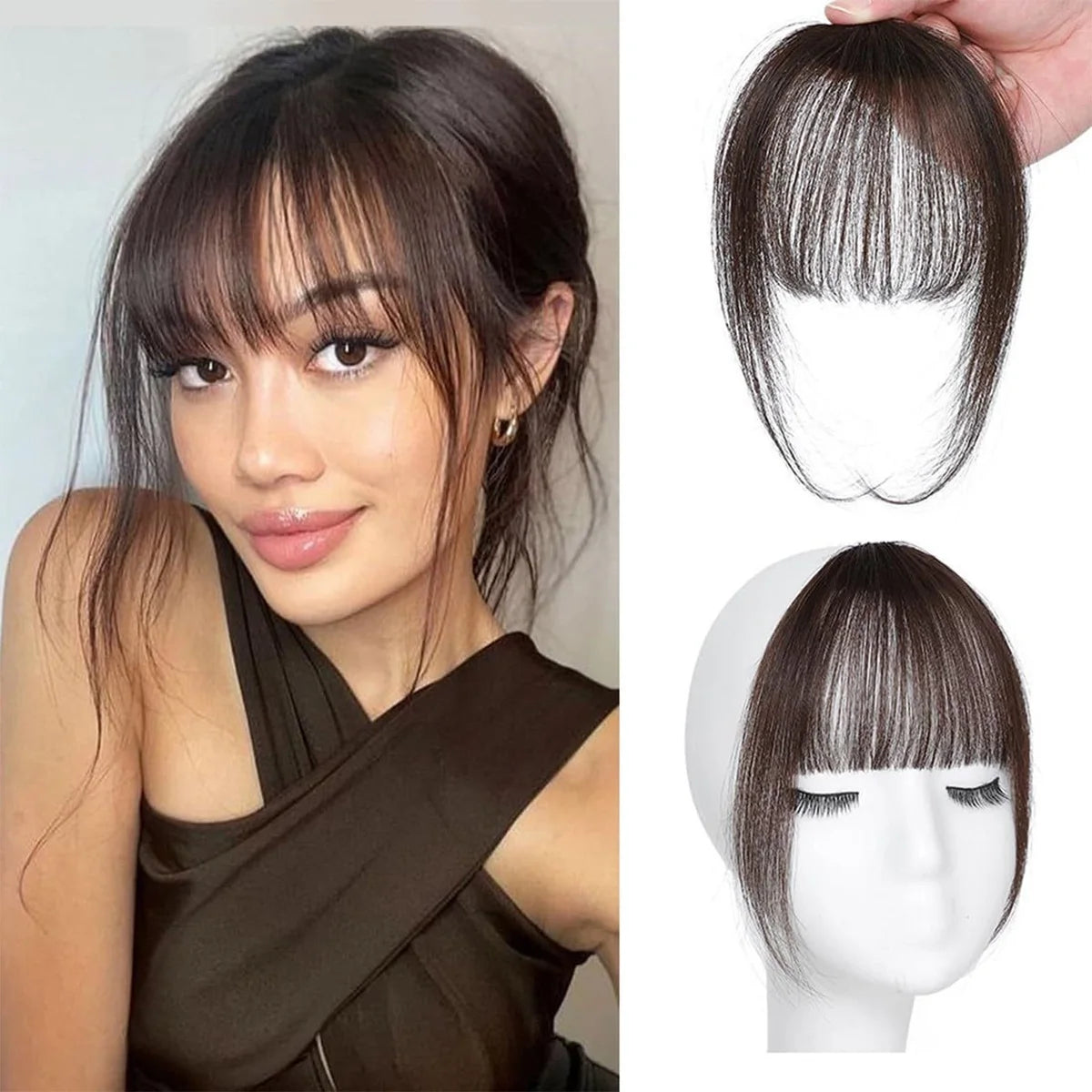 Human Hair Wispy French Bangs with Temples,Curved Fringe Hair Accessories,Clip in Air Bangs,Kawaii Hairpieces Quick Hair Change