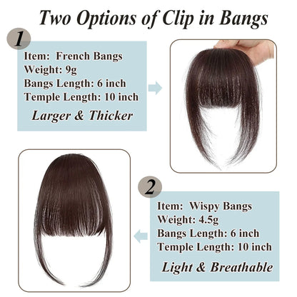 Human Hair Wispy French Bangs with Temples,Curved Fringe Hair Accessories,Clip in Air Bangs,Kawaii Hairpieces Quick Hair Change
