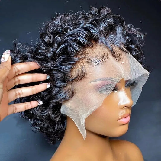 Pixie Cut Perücke, kurze, lockige Echthaarperücken, brasilianische Perücke, Remy-Haar, 13x1 transparente Spitzenperücken für Damen im Angebot
