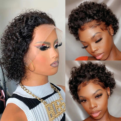 Pixie Cut perruque Short Curly Human Hair Wigs perruque bresillienne  Remy Hair 13X1 Transparent Lace Wigs For Women Sale
