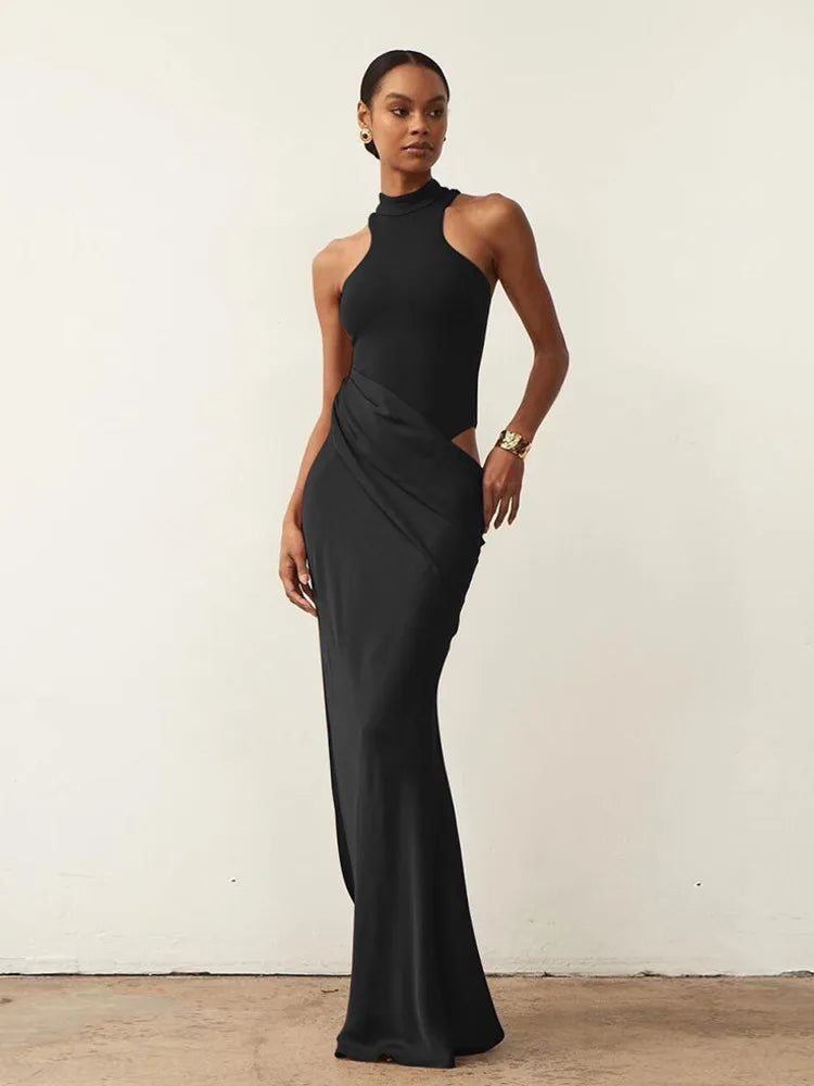 JULISSA MO Satin Sexy Hollow Out Damen Maxikleid Schwarz Ärmellos High Waist Kleid Female Herbst Skinny Elegant Party Clubwear