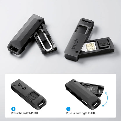 BUDI Anti-Lost SIM-Karten-Auswurfstift-Aufbewahrungsbox Universal Handy Stahl-Auswurfstift SIM TF-Kartenfach Öffner Schlüsselanhänger