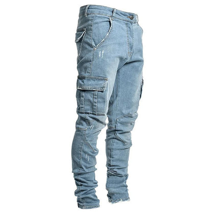 Street Elastische Jeans Herren Denim Cargo Hose Waschung Unifarben Multi Taschen Lässige Mittelhohe Taille Hose Schmale Passform Alltag Jogger